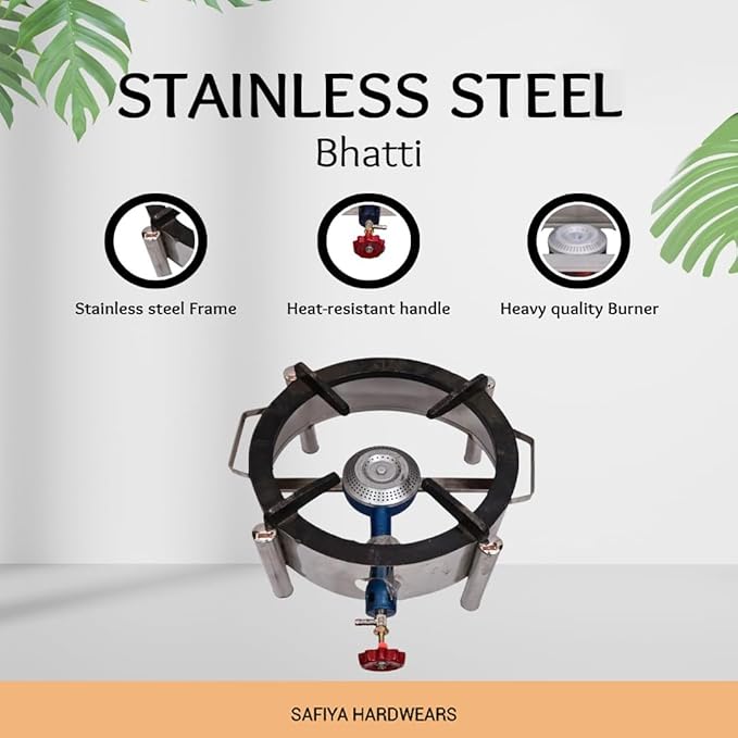 SAFIYAHARDWEARS HeavyDuty Single Burner StainlessSteel Gas Bhatti | Commercial High-Pressure Canteen Stove for Restaurants |Round 12-Inch Chulha with Manual Ignition,Gas Pipe,Lighter & Clips (Silver)
