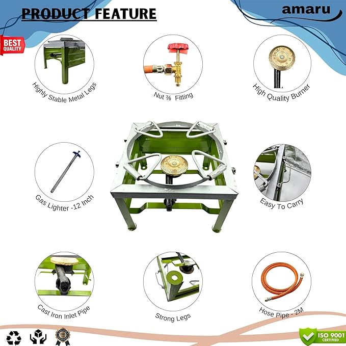 Amaru Single Burner Iron Square Round Ring Chulha Canteen Bhatti Commercial Gas Stove - Multi Colour, Manual (Large-14Lx14Wx10.5H)