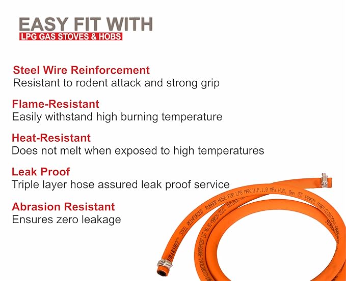 ClimbHigh 3 Mtr ISI Certified LPG Rubber Hose Pipe with Reinforced Steel Wire 100% Flame Resistant With Clamp for Indane/Bharatgas/HP Gas Recommended uncut Customized Length (3 Mtr)