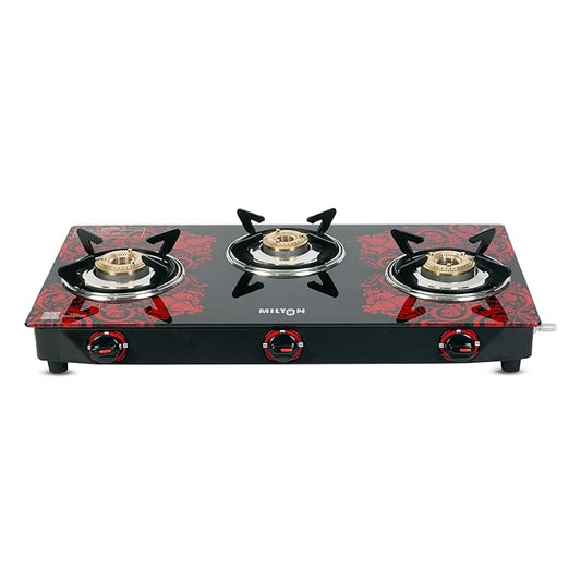 3 Burner Premium Red Manual Ignition Glass Top Gas Stove