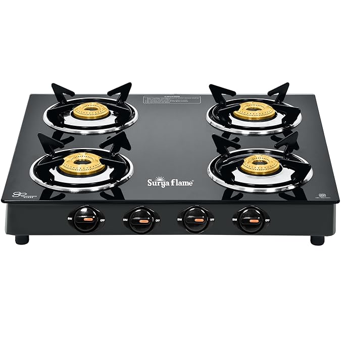 Surya Flame Splendor 4 Burner Gas Stove | Toughened Glass Top | Brass Burners | Durable Brass Valve | Efficient 69%+ | Black