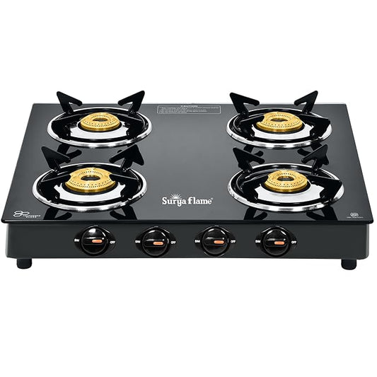 Surya Flame Splendor 4 Burner Gas Stove | Toughened Glass Top | Brass Burners | Durable Brass Valve | Efficient 69%+ | Black