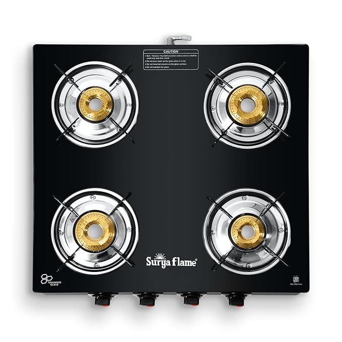 Surya Flame Splendor 4 Burner Gas Stove | Toughened Glass Top | Brass Burners | Durable Brass Valve | Efficient 69%+ | Black