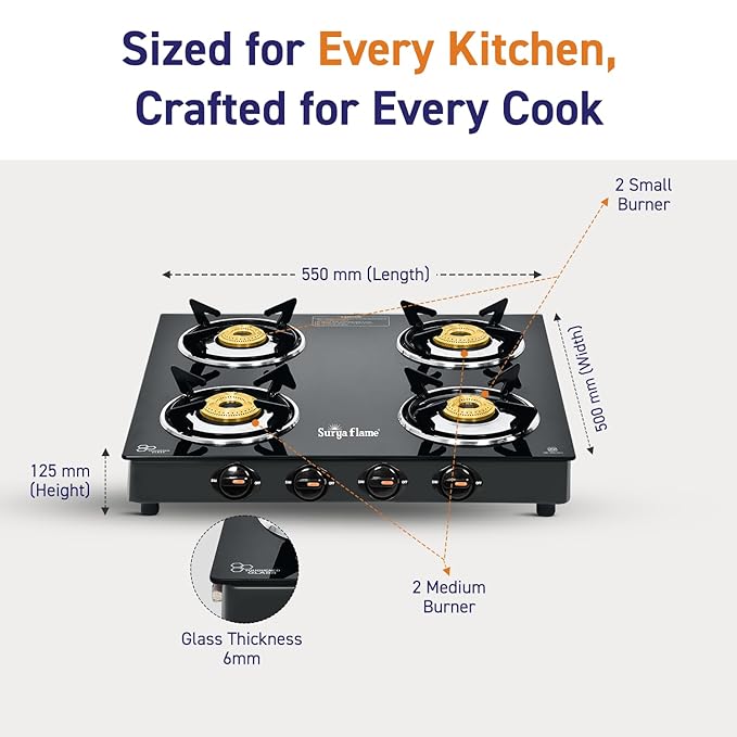 Surya Flame Splendor 4 Burner Gas Stove | Toughened Glass Top | Brass Burners | Durable Brass Valve | Efficient 69%+ | Black
