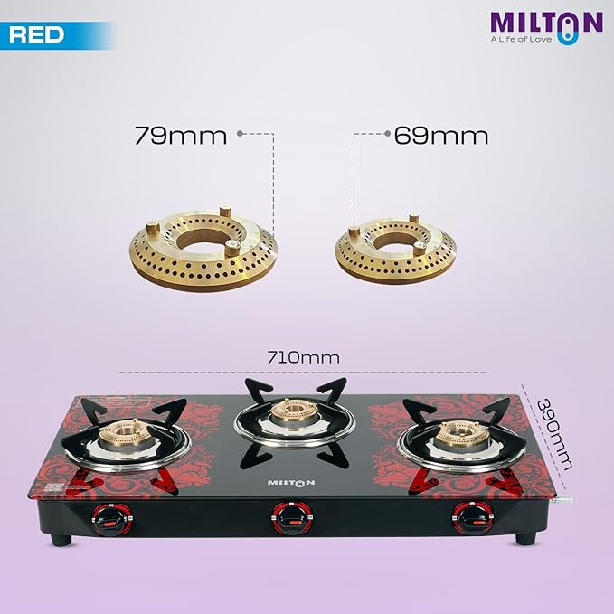 3 Burner Premium Red Manual Ignition Glass Top Gas Stove