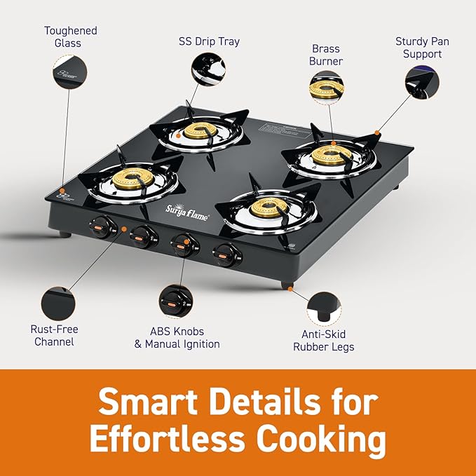 Surya Flame Splendor 4 Burner Gas Stove | Toughened Glass Top | Brass Burners | Durable Brass Valve | Efficient 69%+ | Black