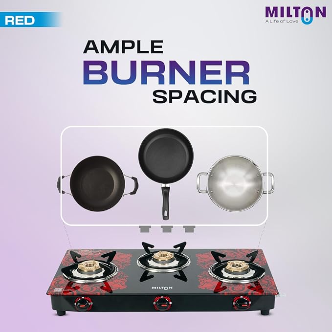 3 Burner Premium Red Manual Ignition Glass Top Gas Stove