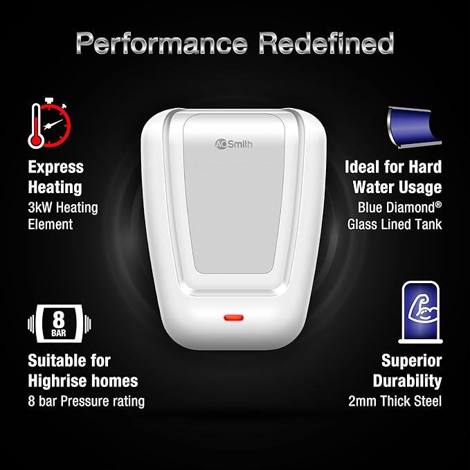 AO Smith EWS Plus Instant Water Heater 3 Litre with 3kW Incoloy Heating Element | 2X Corrosion Resistant Blue Diamond Glass Tank | Instant Geyser for Kitchen & Bathroom