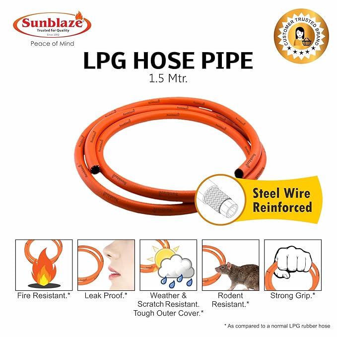 Fine Quality 1.5 Meter LPG Hose Pipe Flame Resistant, Leak Proof, Made with Reinforced Steel Wire for Home with 5 Years Manufacturer Warranty