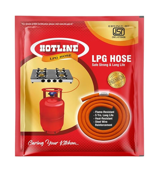 HOTLINE LPG Rubber Hose Pipe 1.5 Meter Length | Flexible Gas Connection Line for LPG Stove to Cylinder Setup | Kitchen Cooking Gas Line Compatible with Regulator Installation | Orange