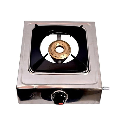 Kitchen Gas Stove | Single Burner with Manual Ignition | Compact Cast Iron Support and Stainless Steel Frame Gas Chulha for Home, Outdoor and Commercial Cooking Use (Silver)