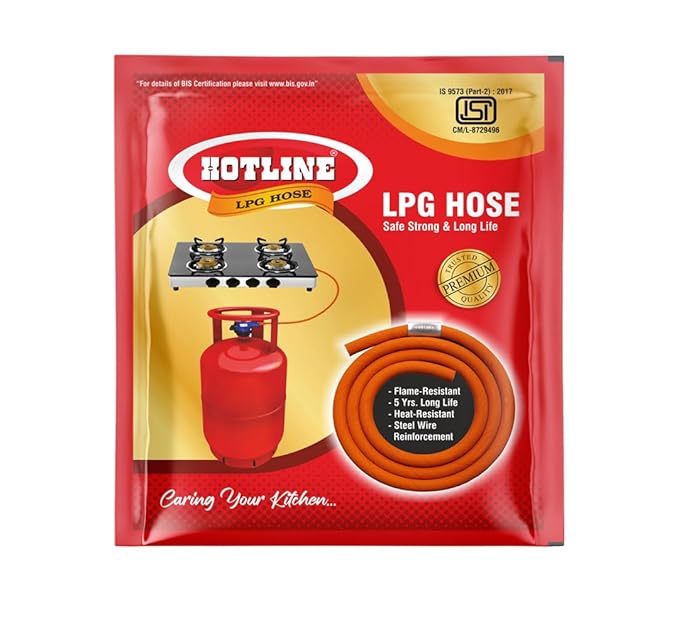 HOTLINE LPG Rubber Hose Pipe 1.5 Meter Length | Flexible Gas Connection Line for LPG Stove to Cylinder Setup | Kitchen Cooking Gas Line Compatible with Regulator Installation | Orange