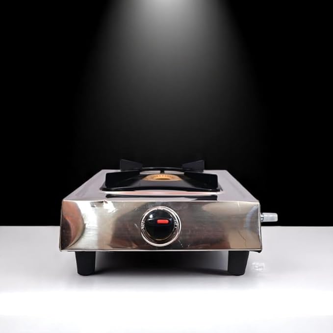 Kitchen Gas Stove | Single Burner with Manual Ignition | Compact Cast Iron Support and Stainless Steel Frame Gas Chulha for Home, Outdoor and Commercial Cooking Use (Silver)