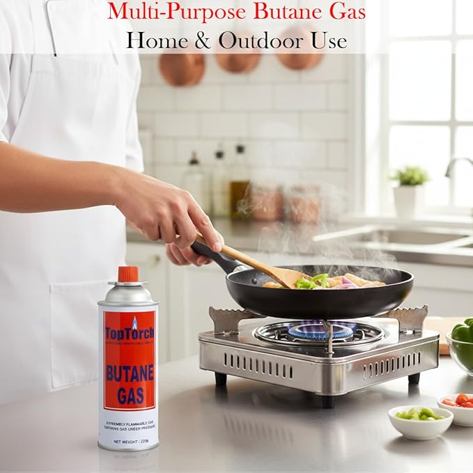 Top Torch Portable 225g High Pressure Flame Butane Gas Cartridge with 1 Refill Adapter Use For Traveling,Trekking, Outdoor Camping Cooking Burners Stove Can, Lighter & Welding Torch Fuel Canister (4)