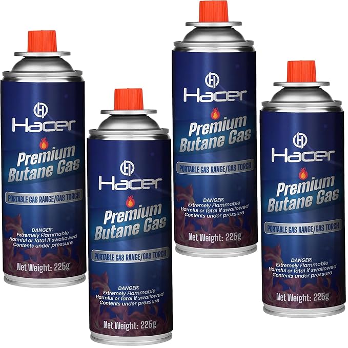 Hacer 4 x 225g Pure Butane Gas Cartridges for Camping Stove, Portable High Pressure Refill Fuel for Welding Torch, Fogging Machine & Lighters, Non-Freeze Canisters (Pack of 4)