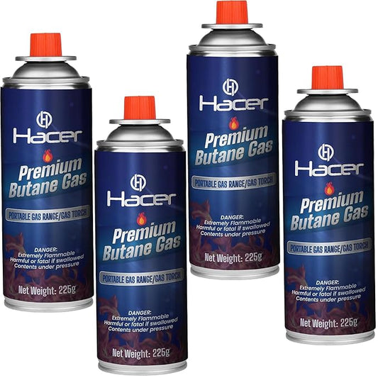 Hacer 4 x 225g Pure Butane Gas Cartridges for Camping Stove, Portable High Pressure Refill Fuel for Welding Torch, Fogging Machine & Lighters, Non-Freeze Canisters (Pack of 4)