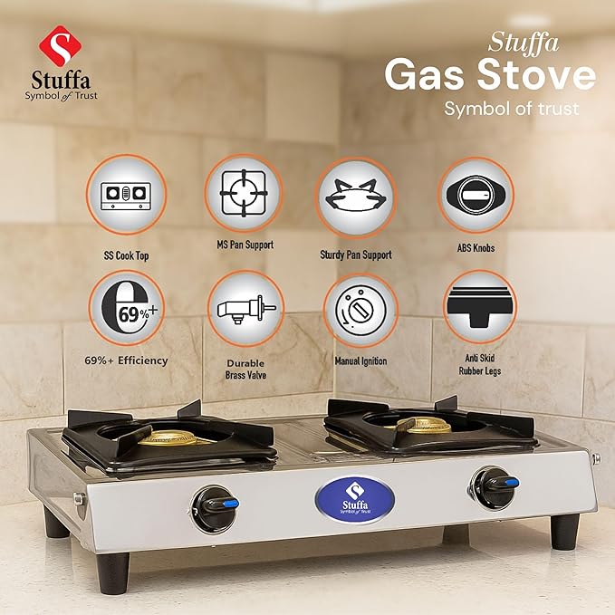 Stuffa 2 Burner Gas Stove for Kitchen, Manual Ignition Cooktop with Stainless Steel for Kitchen | ISI Certified