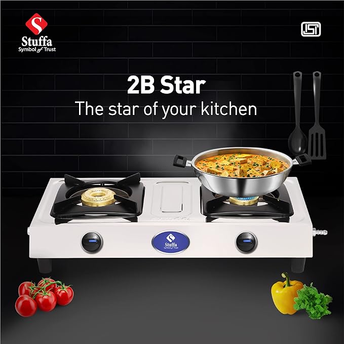 Stuffa 2 Burner Gas Stove for Kitchen, Manual Ignition Cooktop with Stainless Steel for Kitchen | ISI Certified