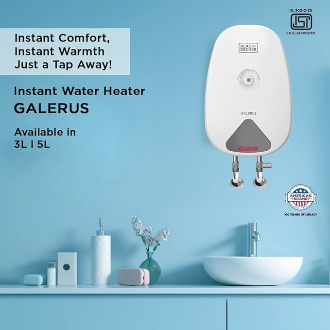 Black+Decker Galerus Geyser 5 Litre | Instant Water Heater for Home & Kitchen | 3KW | High Grade Stainless Steel Tank I Copper Sheathed Heating Element