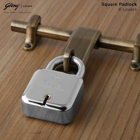 Godrej Locks I Square 6 levers 50mm I 4 Keys I Padlock for Main Door I Gate Lock I Lock for Tool Box, Shutters, Shops & Offices I Corrosion Resistant Shackle I Silver Finish | 1 Year Warranty
