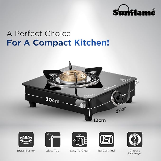 Sunflame Single Burner Glass Top Gas Stove | 1 Jumbo Brass Burner | 2-Years Product Coverage | Manual Ignition | Ergonomic Knobs | Toughened Glass Top | Easy to Clean | PAN India Presence | Black