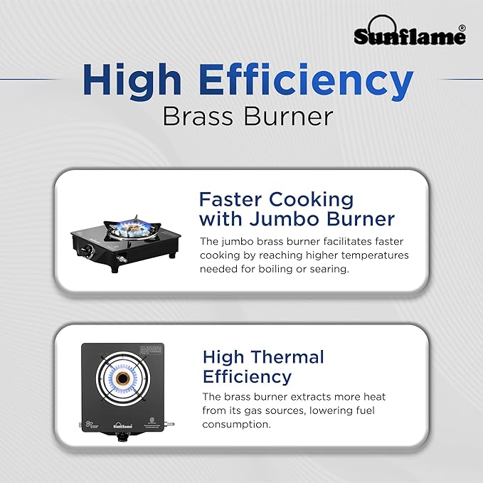 Sunflame Single Burner Glass Top Gas Stove | 1 Jumbo Brass Burner | 2-Years Product Coverage | Manual Ignition | Ergonomic Knobs | Toughened Glass Top | Easy to Clean | PAN India Presence | Black