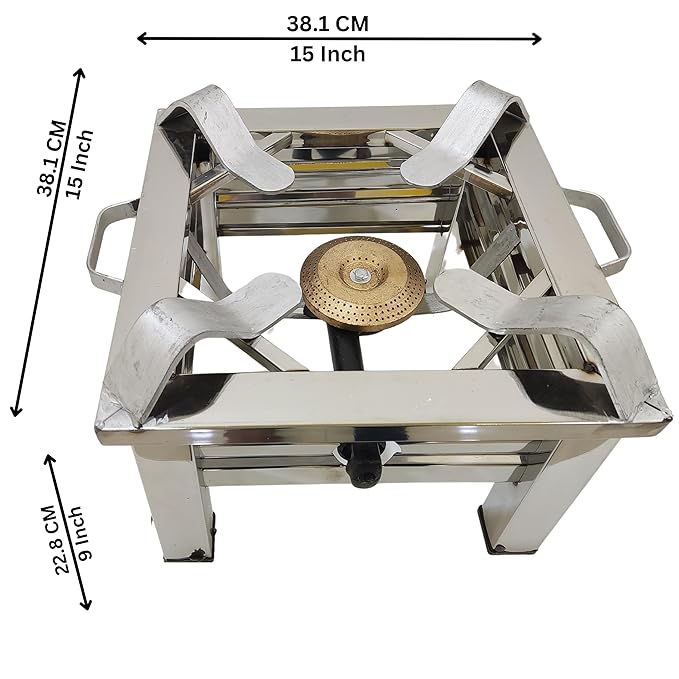 SPARK SELL 15X15X10 In Stainless Steel Heavy Duty Single Burner Heavy Square Pipe Gas Stove Chulha Canteen Bhatti Commercial for Home Kitchen Outdoor and Indoor Use|Regulator,Hose Pipe and Burner