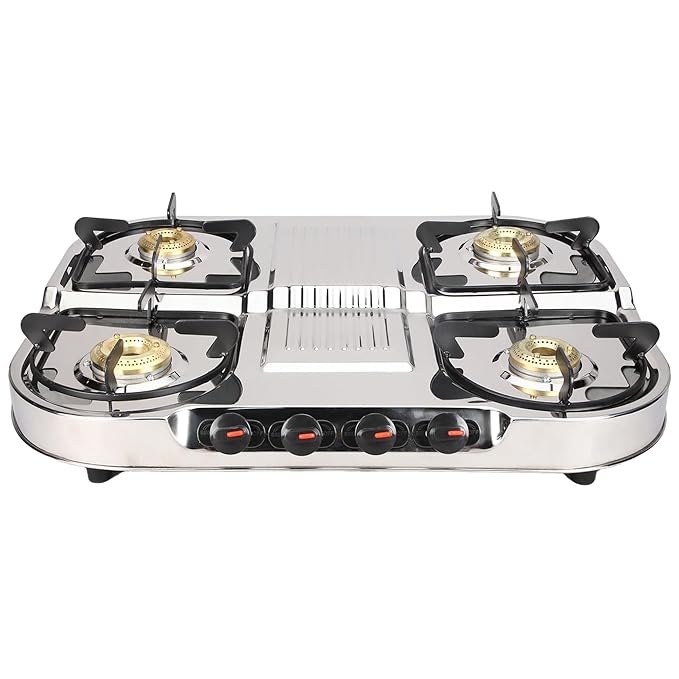 Thermador EcoFlame Gas Stove 4 Burners Steel Body | Manual Ignition | Brass Plated Burners | Four Burner Gas Stove | LPG Compatible | ISI Certified
