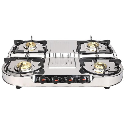 Thermador EcoFlame Gas Stove 4 Burners Steel Body | Manual Ignition | Brass Plated Burners | Four Burner Gas Stove | LPG Compatible | ISI Certified