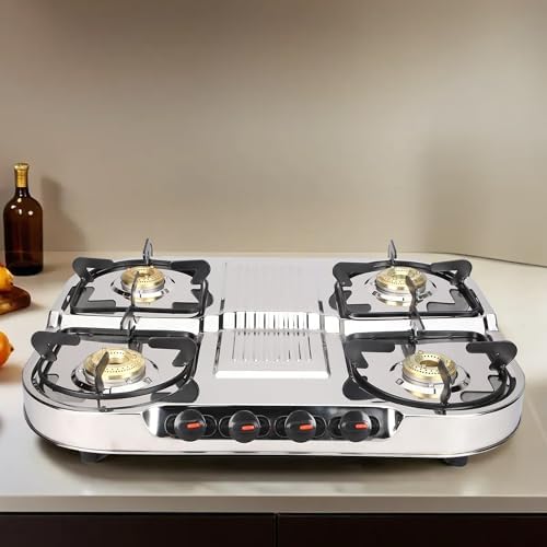 Thermador EcoFlame Gas Stove 4 Burners Steel Body | Manual Ignition | Brass Plated Burners | Four Burner Gas Stove | LPG Compatible | ISI Certified