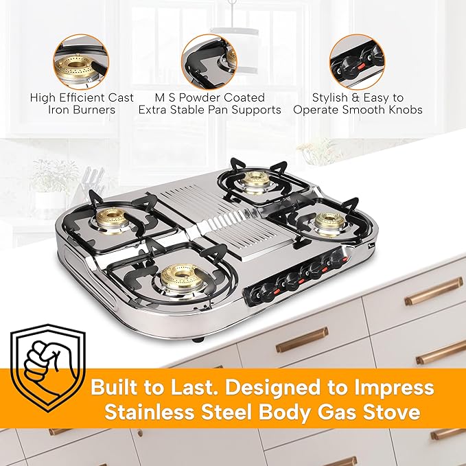 Thermador EcoFlame Gas Stove 4 Burners Steel Body | Manual Ignition | Brass Plated Burners | Four Burner Gas Stove | LPG Compatible | ISI Certified