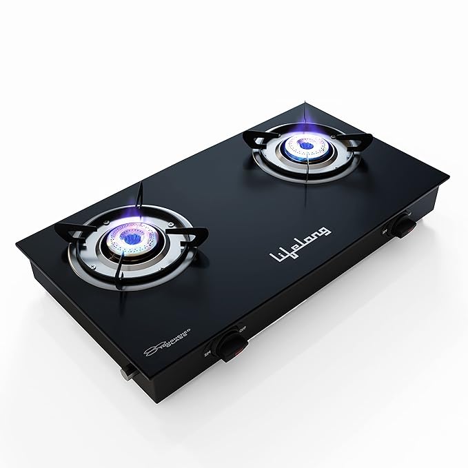 Lifelong 2 Burner Gas Stove Top for Kitchen - Manual Ignition Cooktop Modern Glass Stove for Modular Kitchen, ISI Certified & Compatible with LPG