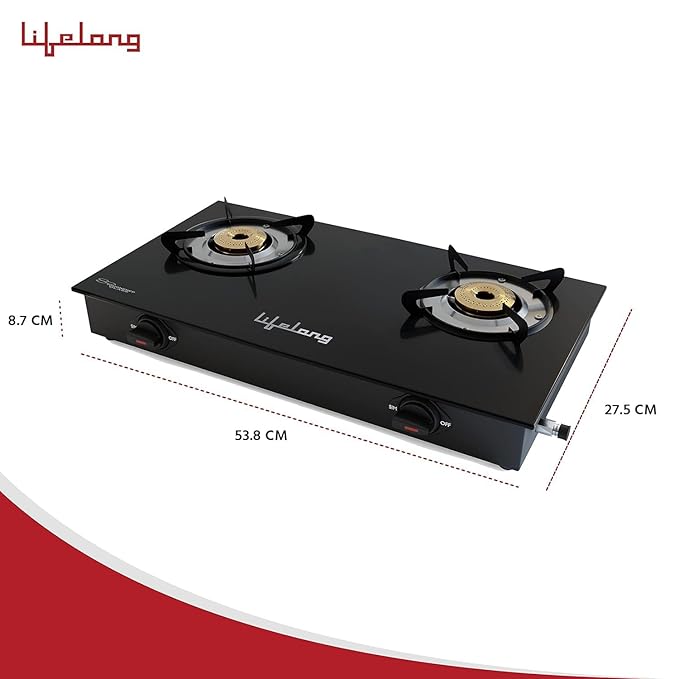 Lifelong 2 Burner Gas Stove Top for Kitchen - Manual Ignition Cooktop Modern Glass Stove for Modular Kitchen, ISI Certified & Compatible with LPG