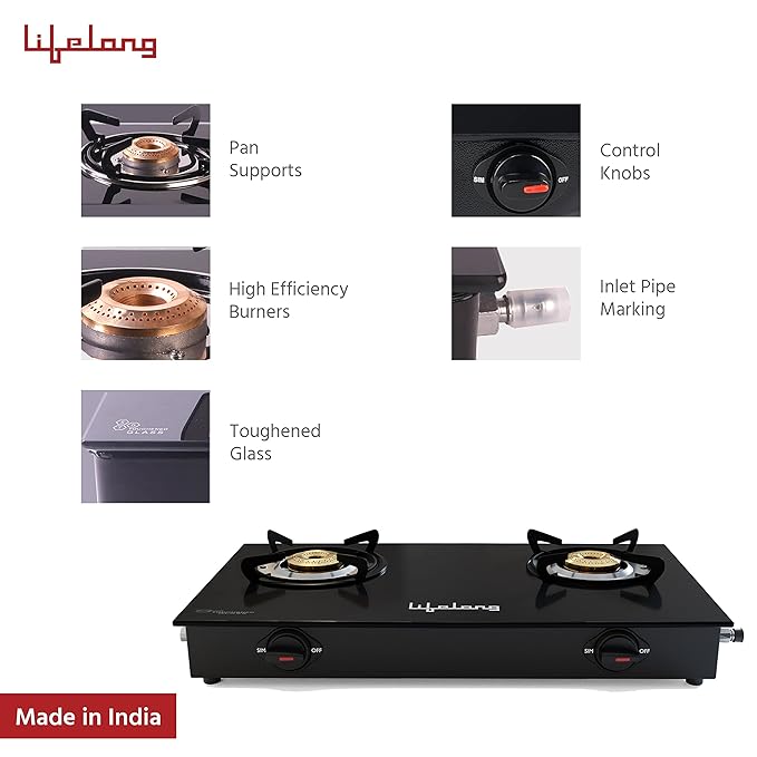 Lifelong 2 Burner Gas Stove Top for Kitchen - Manual Ignition Cooktop Modern Glass Stove for Modular Kitchen, ISI Certified & Compatible with LPG