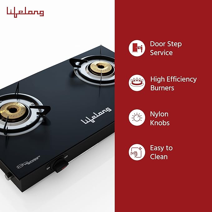 Lifelong 2 Burner Gas Stove Top for Kitchen - Manual Ignition Cooktop Modern Glass Stove for Modular Kitchen, ISI Certified & Compatible with LPG