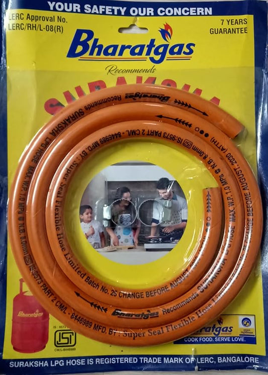 5-Foot LPG Rubber Hose Pipe with Reinforced Steel Wire, 2 Adjustable Clamps, ISI Certified (Orange, Pack of 1)