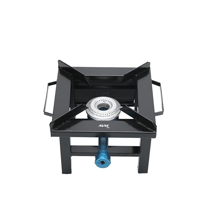 AVNI Single Burner MS Black Color Powder Coating Square Commercial Stove Gas Bhatti Canteen Gas Stove Bhatti Size (Black; 10 L X 10 B X 8 H Inch) Manual Ignition