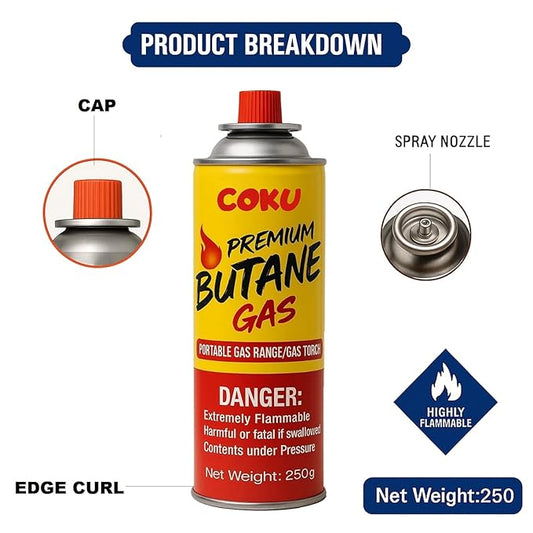 Coku Butane Gas Refill Canisters 2 x 250g- Portable Butane Fuel for Camping Stove, Gas Burner, BBQ, Kitchen, Outdoor Cooking, Travel & Picnic – Compatible with Butane Gas Stove
