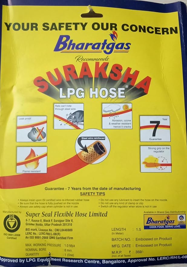 5-Foot LPG Rubber Hose Pipe with Reinforced Steel Wire, 2 Adjustable Clamps, ISI Certified (Orange, Pack of 1)