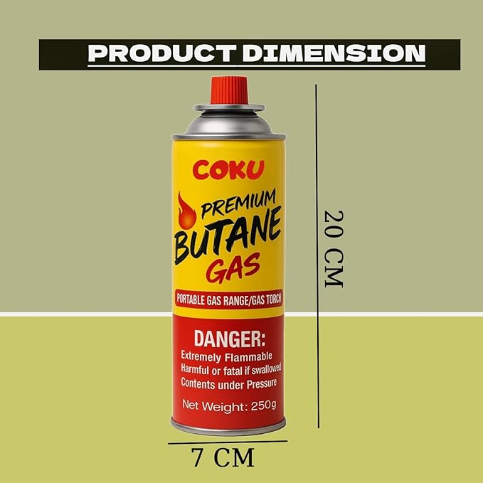Coku Butane Gas Refill Canisters 2 x 250g- Portable Butane Fuel for Camping Stove, Gas Burner, BBQ, Kitchen, Outdoor Cooking, Travel & Picnic – Compatible with Butane Gas Stove