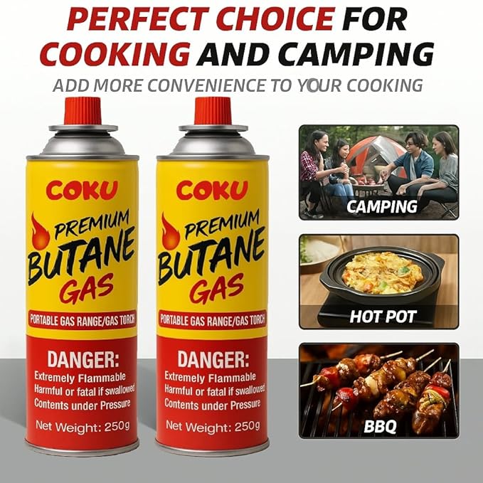Coku Butane Gas Refill Canisters 2 x 250g- Portable Butane Fuel for Camping Stove, Gas Burner, BBQ, Kitchen, Outdoor Cooking, Travel & Picnic – Compatible with Butane Gas Stove