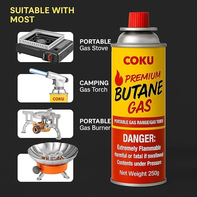 Coku Butane Gas Refill Canisters 2 x 250g- Portable Butane Fuel for Camping Stove, Gas Burner, BBQ, Kitchen, Outdoor Cooking, Travel & Picnic – Compatible with Butane Gas Stove