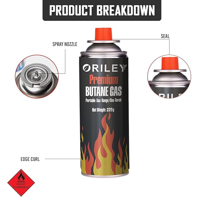 ORILEY 2 x 225g Butane Gas Canister Portable and High Pressure Refill Fuel Cartridges for Camping Stove Outdoor Cooking & Lighter Welding Torch Fogging Machine (Pack of 2)
