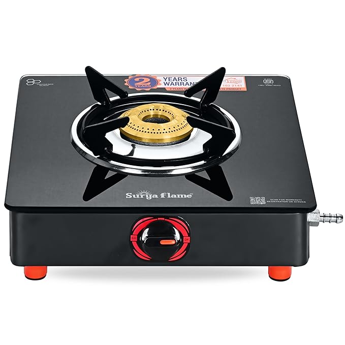 Surya Flame LPG Gas Stove Single Burner Glass Top with Brass Burner, Premium Toughened Glass & Powder Coated Body for Modular Kitchen, ISI Certified