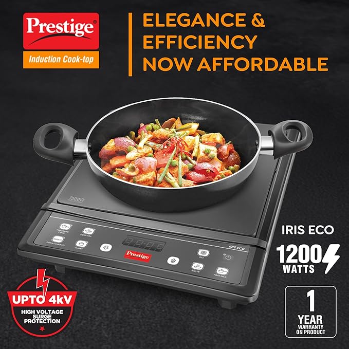 Prestige Iris Eco 1200 Watts Induction Cooktop | 4KV Surge Protection | 7 Preset Indian Menu Options & Timer | Soft Touch Button |Easy to Clean | Portable | Black