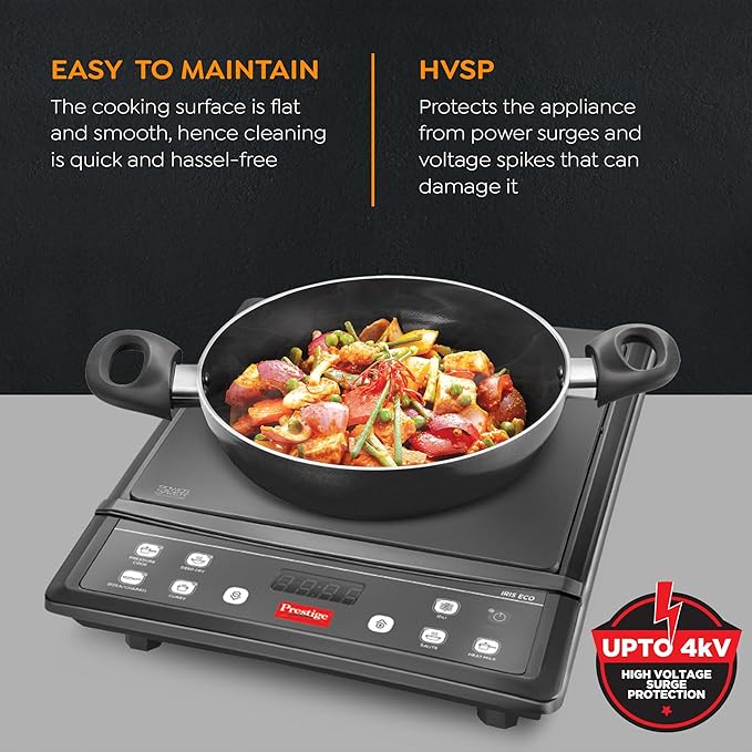 Prestige Iris Eco 1200 Watts Induction Cooktop | 4KV Surge Protection | 7 Preset Indian Menu Options & Timer | Soft Touch Button |Easy to Clean | Portable | Black