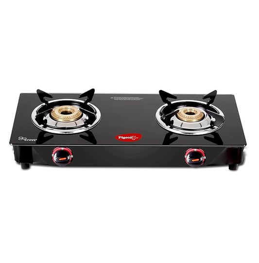 Pigeon Aster Gas Stove 2 Burner with High Powered Brass Burner, Gas Cooktop with Glass Top and Powder Coated Body, black, standard