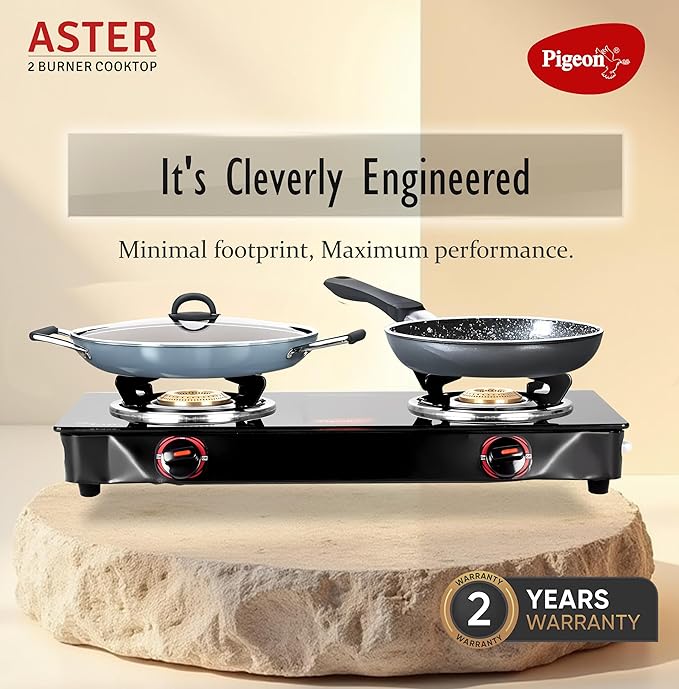 Pigeon Aster Gas Stove 2 Burner with High Powered Brass Burner, Gas Cooktop with Glass Top and Powder Coated Body, black, standard