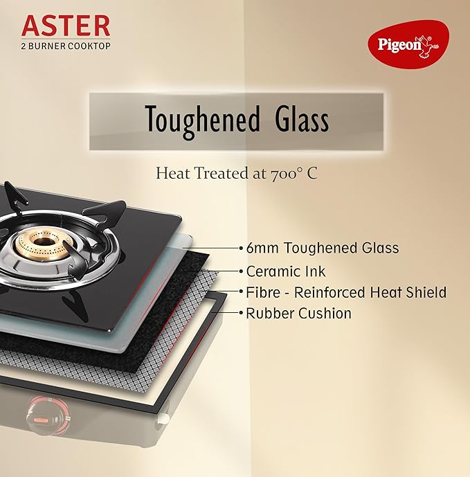 Pigeon Aster Gas Stove 2 Burner with High Powered Brass Burner, Gas Cooktop with Glass Top and Powder Coated Body, black, standard