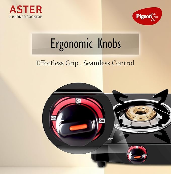 Pigeon Aster Gas Stove 2 Burner with High Powered Brass Burner, Gas Cooktop with Glass Top and Powder Coated Body, black, standard